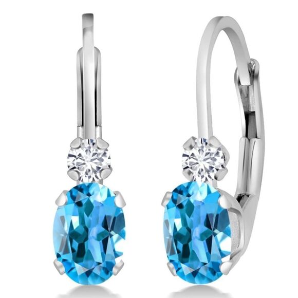 18K White Gold 1.07 Cttw Swiss Blue Topaz and Diamond Leverback Drop Earrings - Picture 1 of 5